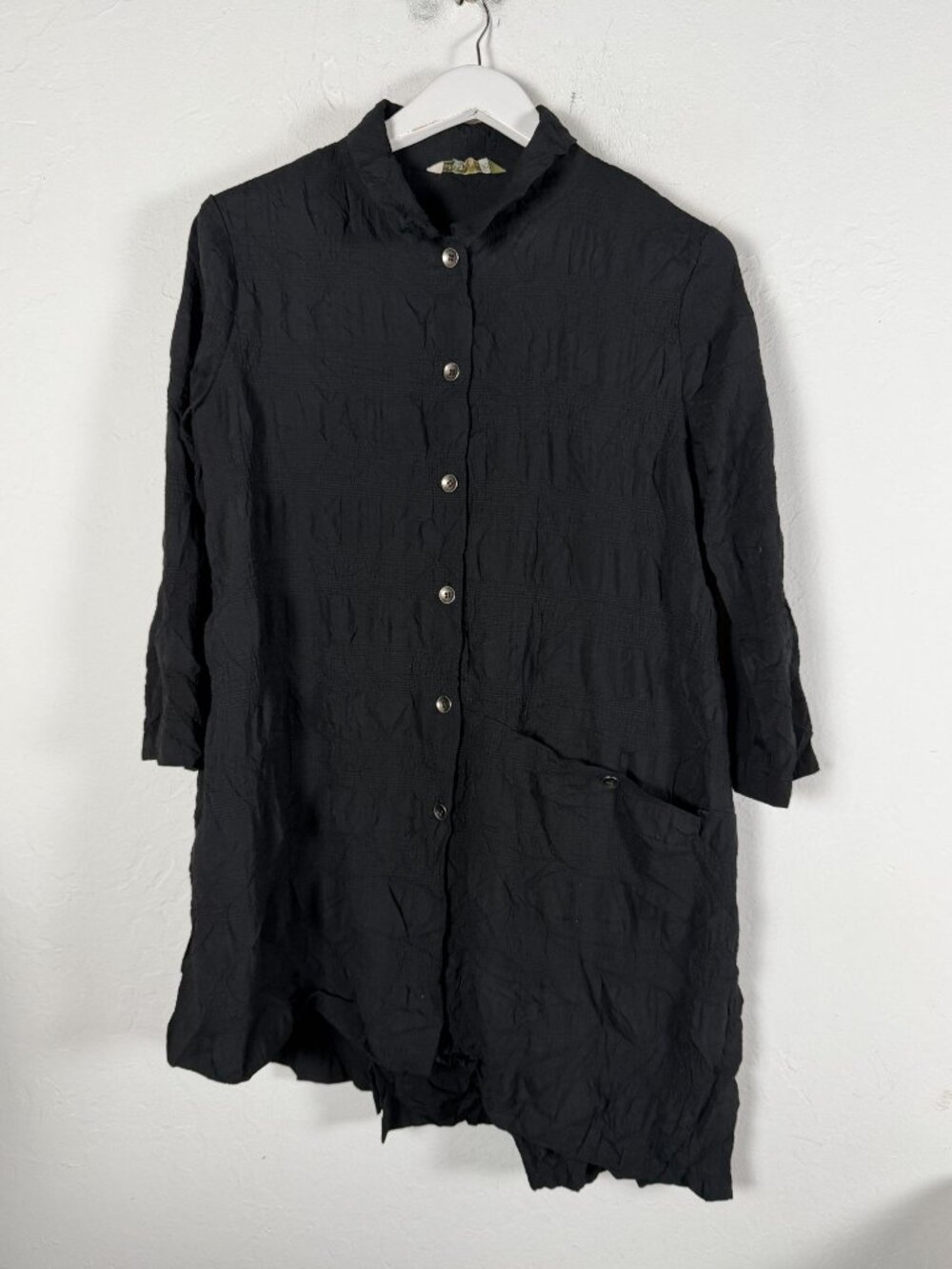 Chalet Et Ceci Womens Black Crinkle Textured Button-Up Tunic Top 3/4 Sleeves XS